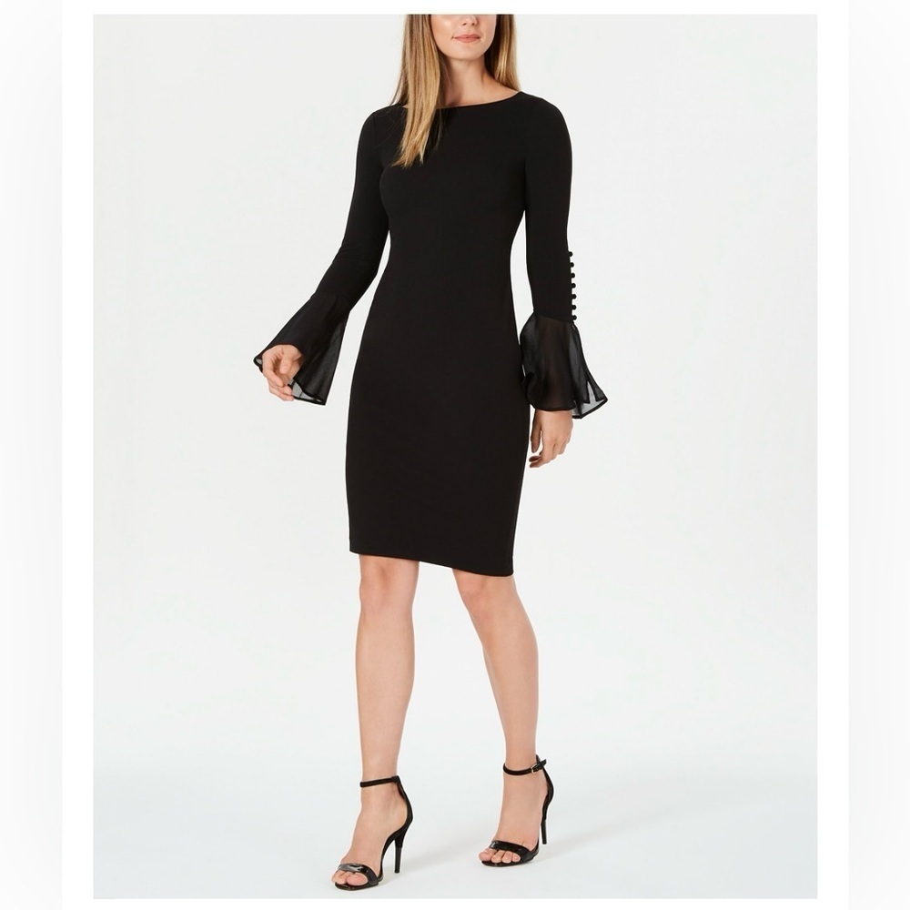 Calvin Klein Petite Chiffon Bell-Sleeve Sheath Midi Dress NWOT